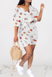 White Casual Print Solid Patchwork V Neck Half Sleeve Two Pieces