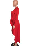 Red Fashion Casual Solid Asymmetrical O Neck Long Sleeve Dress