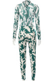 Green Sexy Print Patchwork Asymmetrical O Neck Regular Jumpsuits