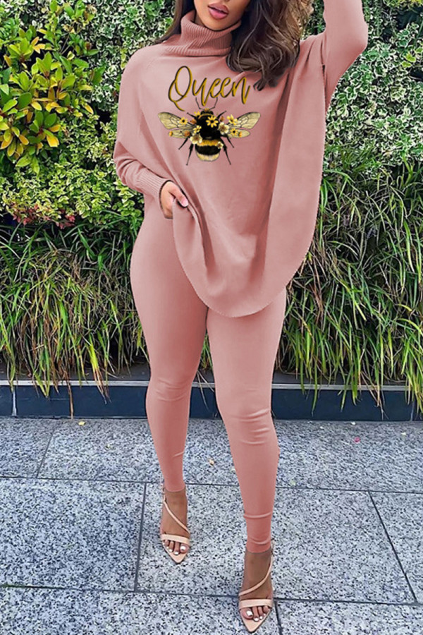 Pink Fashion Casual Print Basic Turtleneck Long Sleeve Two Pieces