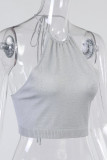 White Sexy Casual Solid Bandage Hollowed Out Backless Halter Tops