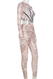 Apricot Sexy Print O Neck Long Sleeve Two Pieces