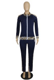Blue Fashion Casual Print Hollowed Out Patchwork Slit Zipper Collar Long Sleeve Two Pieces