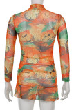 Multicolor Fashion Print Draw String Turtleneck Long Sleeve Dresses