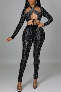 Black Sexy Solid Hot Drill Halter Long Sleeve Two Pieces