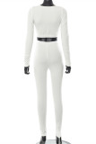 White Fashion Casual Solid Basic V Neck Long Sleeve Two Pieces
