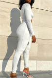 White Fashion Casual Solid Basic V Neck Long Sleeve Two Pieces