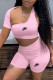 Pink Fashion Sportswear Print Patchwork Oblique Collar Short Sleeve Two Pieces