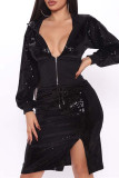 Black Fashion Patchwork Sequins Hooded Collar Long Sleeve Two Pieces