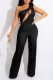 Black Casual Solid Patchwork Zipper Oblique Collar Straight Jumpsuits