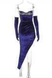 Blue Fashion Sexy Solid Backless Asymmetrical Strapless Evening Dress (With Cuff)
