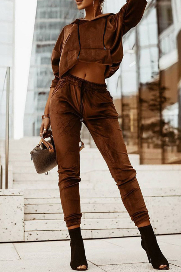 Dark Brown Casual Solid Patchwork Pocket Hooded Collar Long Sleeve Two Pieces