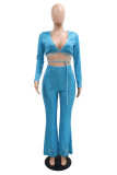 Blue Fashion Sexy Patchwork Sequins Strap Design V Neck Long Sleeve Two Pieces