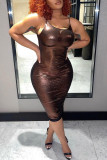 Caramel Colour Fashion Sexy Solid Backless Spaghetti Strap Sleeveless Dress