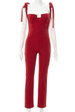 Burgundy Sexy Solid Patchwork Spaghetti Strap Skinny Jumpsuits