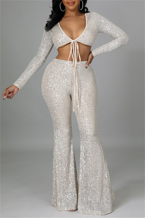 Silver Fashion Sexy Patchwork Sequins Strap Design V Neck Long Sleeve Two Pieces