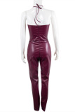 Burgundy Fashion Sexy Solid Backless Halter Skinny Jumpsuits