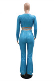 Blue Fashion Sexy Patchwork Sequins Strap Design V Neck Long Sleeve Two Pieces