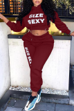 Burgundy Casual Print Patchwork Hooded Collar Long Sleeve Two Pieces
