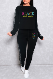 Grey Casual Print Leopard Letter O Neck Long Sleeve Two Pieces
