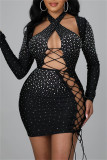 Black Fashion Sexy Patchwork Hot Drilling Bandage Hollowed Out Halter Long Sleeve Dresses