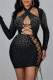 Black Fashion Sexy Patchwork Hot Drilling Bandage Hollowed Out Halter Long Sleeve Dresses
