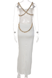 White Sexy Solid Chains Backless Spaghetti Strap Trumpet Mermaid Dresses