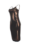 Caramel Colour Fashion Sexy Solid Backless Spaghetti Strap Sleeveless Dress