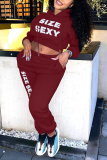 Burgundy Casual Print Patchwork Hooded Collar Long Sleeve Two Pieces