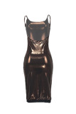 Caramel Colour Fashion Sexy Solid Backless Spaghetti Strap Sleeveless Dress