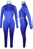 Royal Blue Casual Solid Patchwork Turtleneck Long Sleeve Two Pieces