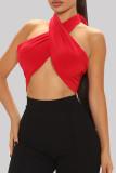 Red Fashion Sexy Solid Bandage Backless Halter Tops