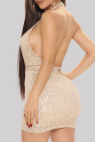 Apricot Fashion Sexy Plus Size Patchwork Sequins Backless Halter Sleeveless Dress