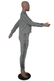 Grey Casual Print Leopard Letter O Neck Long Sleeve Two Pieces
