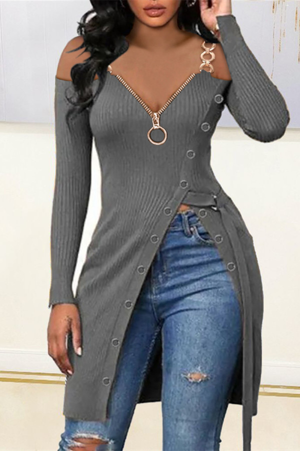 Grey Fashion Casual Solid Patchwork V Neck Tops