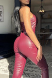 Burgundy Fashion Sexy Solid Backless Halter Skinny Jumpsuits