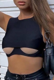 Black Sexy Solid Patchwork O Neck Tops