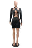 Black Fashion Sexy Patchwork Hot Drilling Bandage Hollowed Out Halter Long Sleeve Dresses