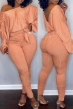 Orange Fashion Casual Solid Basic Oblique Collar Long Sleeve Two Pieces