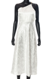 White Sexy Animal Print Chains Backless Halter Waist Skirt Dresses