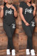 Black Fashion Casual Letter Print Basic V Neck Short Sleeve Two Pieces