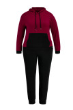 Burgundy Fashion Casual Solid Split Joint Hooded Collar Plus Size Two Pieces