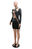 Black Fashion Sexy Patchwork Hot Drilling Bandage Hollowed Out Halter Long Sleeve Dresses