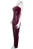 Burgundy Fashion Sexy Solid Backless Halter Skinny Jumpsuits
