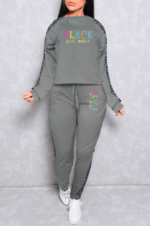 Grey Casual Print Leopard Letter O Neck Long Sleeve Two Pieces