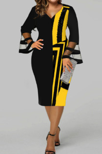 Yellow Fashion Casual Print Split Joint V Neck Long Sleeve Plus Size Dresses