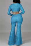 Blue Fashion Sexy Patchwork Sequins Strap Design V Neck Long Sleeve Two Pieces