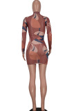 Brown Sexy Print Patchwork See-through Half A Turtleneck One Step Skirt Dresses
