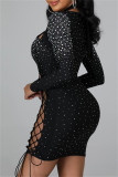 Black Fashion Sexy Patchwork Hot Drilling Bandage Hollowed Out Halter Long Sleeve Dresses