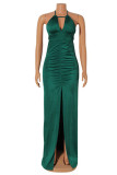 Green Sexy Solid Bandage Hollowed Out Backless Slit Halter Evening Dress